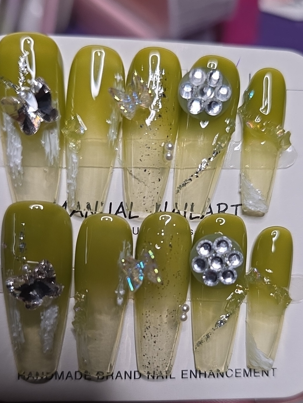 Olive Green Rhinestone Press-On Nail Set - Handmade Accent Nails Size Med